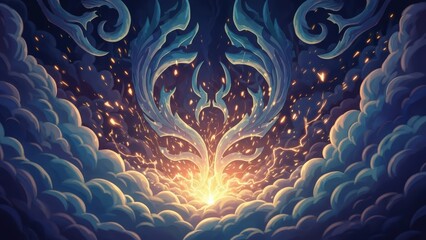 Obraz premium Magical glowing light erupts from ethereal clouds, creating a dreamlike celestial spectacle.