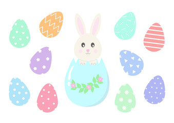Spring sticker set with happy Easter bunny and pastel eggs isolated on white background 