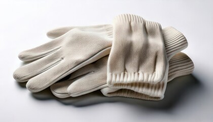 Pile of white cotton gloves on a white surface.