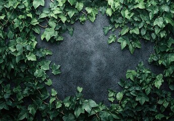 Frame of fresh green ivy leaves surrounding dark textured central area
