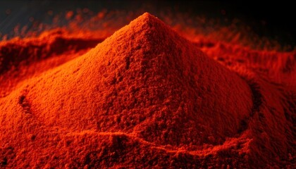 Pile of vibrant red paprika powder, a culinary spice.