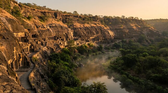 Ancient Ajanta rock-cut caves along serene river at sunrise