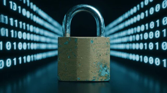 A weathered padlock sits in the foreground with a tunnel of glowing blue binary code stretching into the distance.