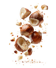 Hazelnuts in mid-air, scattered.  Broken shells and fragments.  A close-up view of whole and broken hazelnuts, displaying the light-colored interior