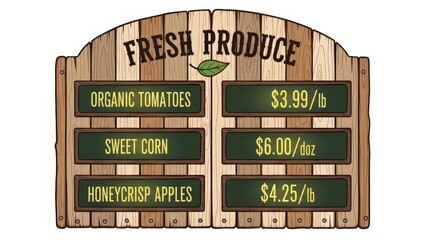 Rustic Wooden Fresh Produce Sign with Organic Tomatoes, Sweet Corn, and Honeycrisp Apples Prices.