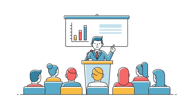 Engaging speaker delivering an informative presentation with visual aids to a captivated audience at a conference or professional event