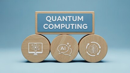 Quantum computing concept with wooden blocks and icons