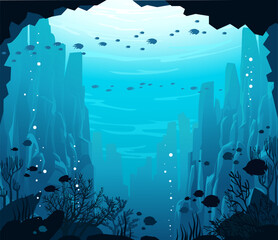 Vector nature illustration with marine life. Underwater cave and coral reef with fishes on the blue seascape. 