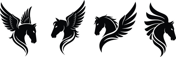 Pegasus and Horse Silhouette Set,  Flying Winged Stallion and Unicorn Icon Collection, Isolated Vector Illustration, black 
