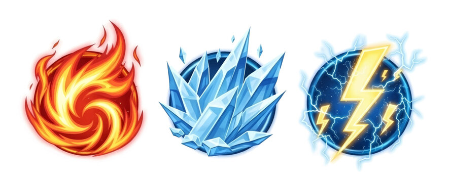 Elemental game icons: fiery swirl sharp ice shards and powerful lightning bolt on dark sphere.