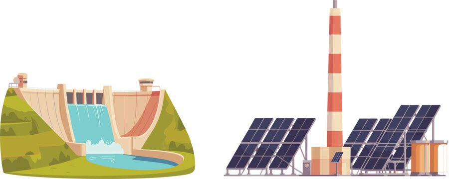 Renewable green energy set with hydroelectric power dam and solar panel farm vector illustration icons