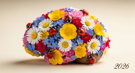 Floral arrangement with daisies, roses, and ladybugs, in a decorative pot, showcasing nature's beauty and balance, also representing growth and luck