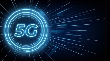Futuristic 5G Network Technology Illuminated with Neon Lights in Dark Environment from Straight-On Viewpoint
