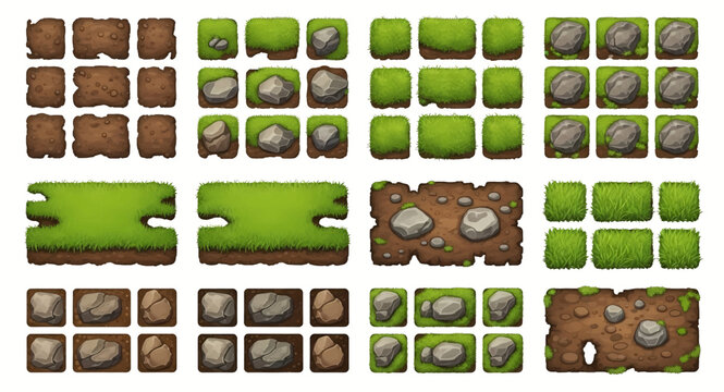 Cartoon game tileset featuring grass dirt and rock textures for digital environments and platformer games.
