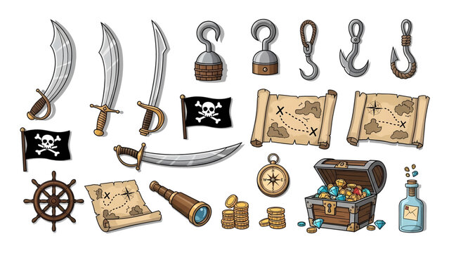 Vintage pirate accessories collection with swords maps chest and compass.