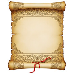 Vintage Blank Paper Scroll with Ornate Floral Border and Red Ribbon