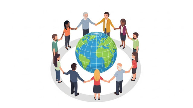 Diverse group of people holding hands around the globe in a symbol of unity and global connection
