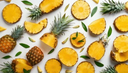Pineapple slices and whole fruits on a white background.