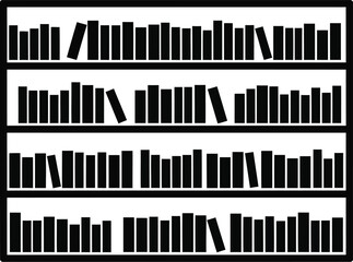 A black and white icon illustration of a bookshelf filled with various books on multiple shelves © @ahmedmaynul