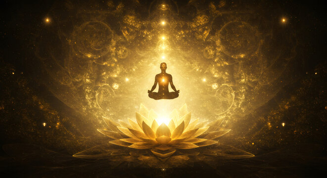 Meditating man silhouette above golden lotus flower. Spiritual journey with enlightenment and awareness.