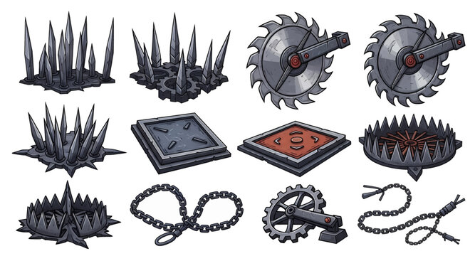 Dangerous medieval fantasy game traps sharp spikes saw blades chains and mechanical elements collection.
