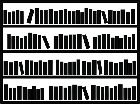 A black and white icon illustration of a bookshelf filled with various books on multiple shelves