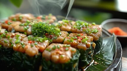 Appetising culinary masterpieces wrapped in green leaves and decorated with spices will serve as an original backdrop for food blogs or restaurant menus.
