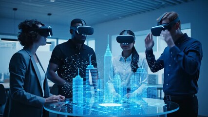 Team in VR headsets interact with a glowing blue 3D city model in a modern office space. - Powered by Adobe