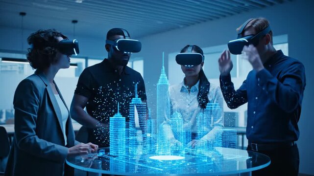 Team in VR headsets interact with a glowing blue 3D city model in a modern office space.
