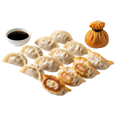 Set of Fried Dumplings and Money Bag Dim Sum with Soy Sauce