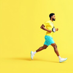 Fototapeta premium African American Runner with Clock, Yellow Backdrop, fitness , sport