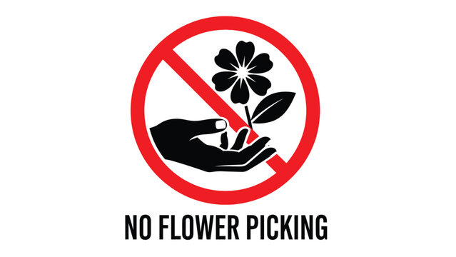 Clear graphic illustration depicting a universal prohibition symbol over a hand reaching toward a blossoming flower indicating the strict regulation against flower picking in natural areas