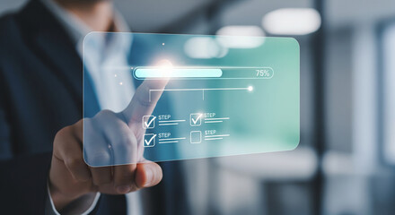 Professional businessman in suit interacting with a futuristic digital interface featuring a glowing loading progress bar and interactive data icons for innovative corporate business technology
