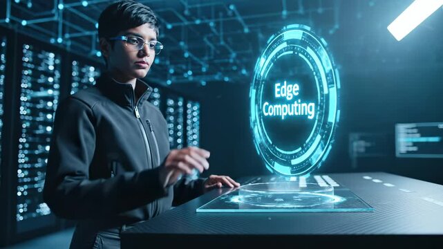 Engineer interacts with holographic edge computing interface in data center. Woman touches holographic edge computing display. Engineer works with holographic interface showing circular edge computing