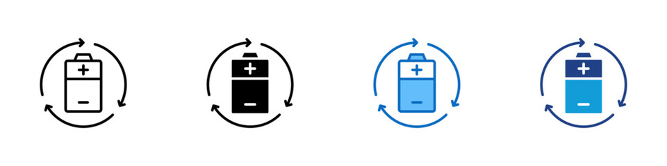 Reusable Battery Multiple Style Icon Design Vector - Rechargeable battery with circular arrows representing reuse, recycling, and energy efficiency