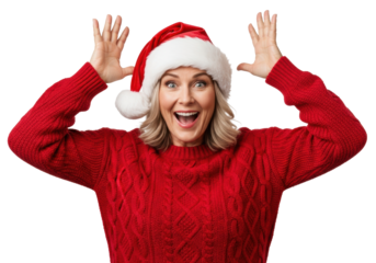 Middle-aged caucasian woman in a thick red cable-knit sweater and santa hat, laughing ecstatically with raised hands on a transparent background. High-energy holiday surprise concept.