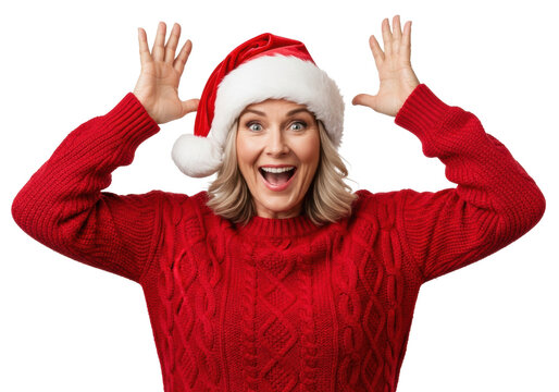 Middle-aged caucasian woman in a thick red cable-knit sweater and santa hat, laughing ecstatically with raised hands on a transparent background. High-energy holiday surprise concept.