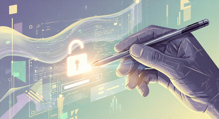Hand using a digital stylus pen to unlock a glowing padlock icon on a virtual screen representing cybersecurity data protection and personal privacy access