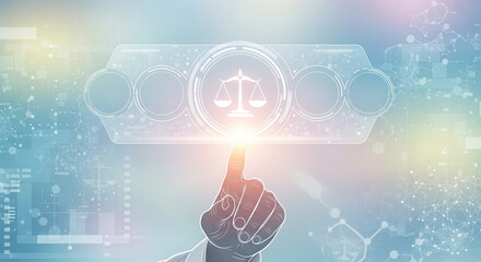 Person pointing at a digital glowing justice scale icon on a futuristic virtual interface representing online legal services law technology and judicial system integrity concepts
