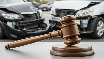 Gavel rests near two severely damaged cars, symbolizing the legal process after an automobile accident