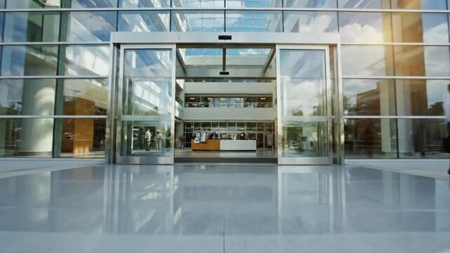Busy entrance of a modern glass building