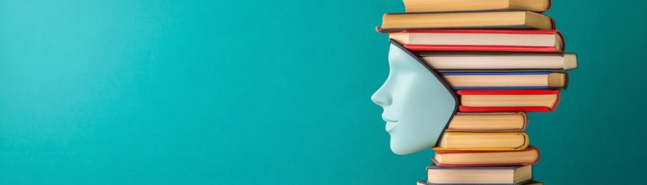 Books and Blue Mannequin Head on Blue Background, Learning , Education