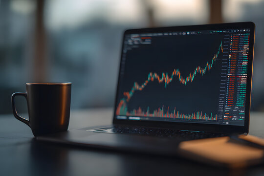Trading session with market analysis on laptop and coffee cup on table in workspace during evening hours - Powered by Adobe