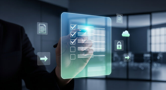 Professional businessman using a digital stylus to complete an online checklist and manage corporate tasks on a futuristic virtual interface for efficient document workflow processing - Powered by Adobe