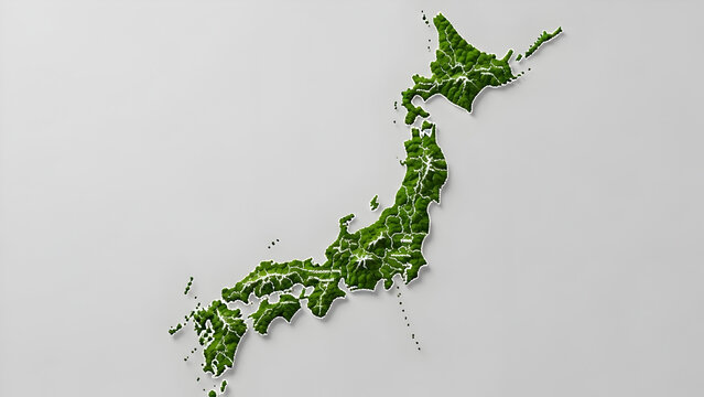 A green stylized 3d map of the japanese archipelago on a neutral background illustration