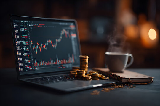 Trading session with laptop displaying market chart and coffee cup on a table with stacks of coins