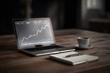 Working on a laptop with financial data and a cup of coffee on a wooden table in a dimly lit room during the evening