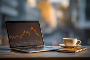 Coffee and laptop with stock chart displayed on screen during morning sunlight at a city location