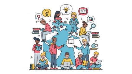 Fototapeta premium Diverse group of people learning and brainstorming together around a large world map with books and laptops