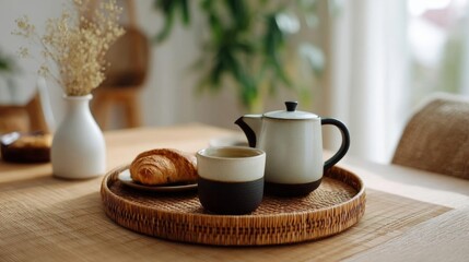 Wooden table with a woven placemat on it. on the placemats, there is a white ceramic teapot with a black handle and spout, a black mug with a handle, and a plate with a croissant.